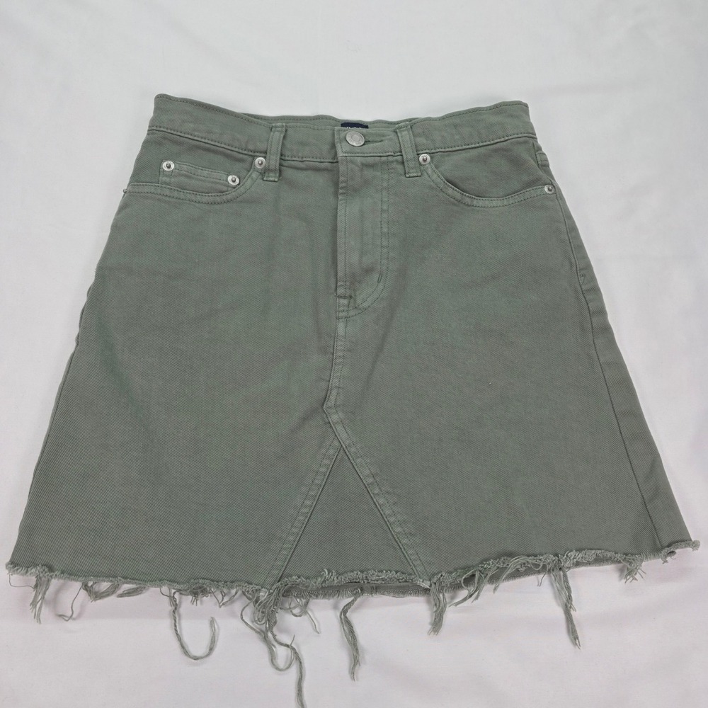 Gap Denim Y2K Mini Skirt Sage Green Olive Raw Hem High Waisted Size 24 00